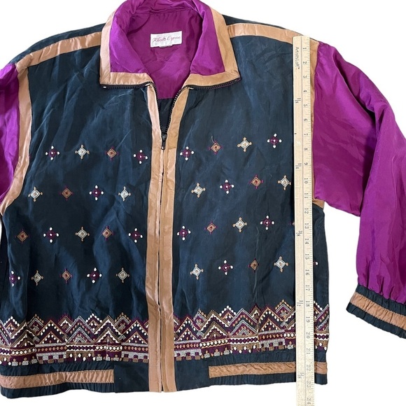 90S VINTAGE SILK Black Purple Tan Aztec Western Tribal Print Boho Windbreaker - Picture 5 of 6